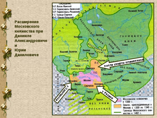 у Рязани после смерти племянника у Смоленска Расширение Московского княжества при Данииле Александровиче и Юрии Даниловиче 