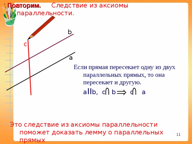 Повторим.  Следствие из аксиомы параллельности.  b c а Если прямая пересекает одну из двух параллельных прямых, то она пересекает и другую.  a II b , c b c a Это следствие из аксиомы параллельности поможет доказать лемму о параллельных прямых 7 