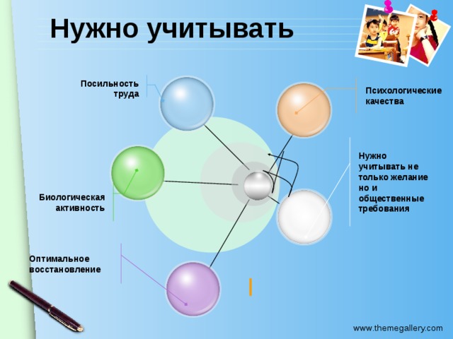 Нужно учитывать Посильность труда Психологические качества Нужно учитывать не только желание но и общественные требования Биологическая активность Оптимальное восстановление 