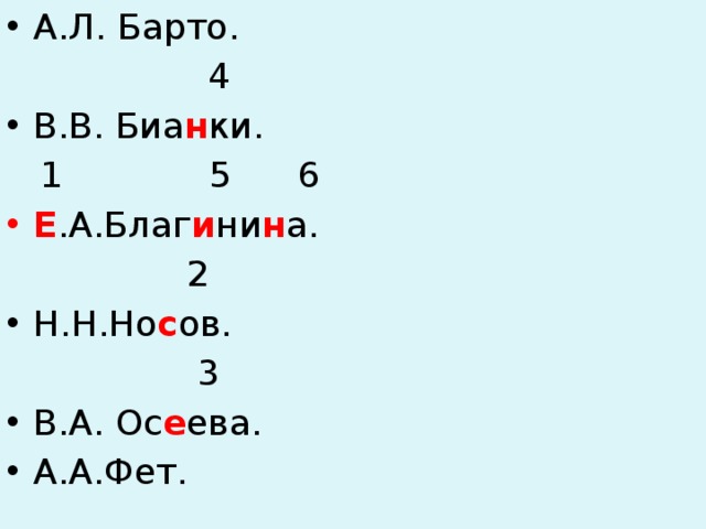 А.Л. Барто.  4 В.В. Биа н ки.  1 5 6 Е .А.Благ и ни н а.  2 Н.Н.Но с ов.  3 В.А. Ос е ева. А.А.Фет. 