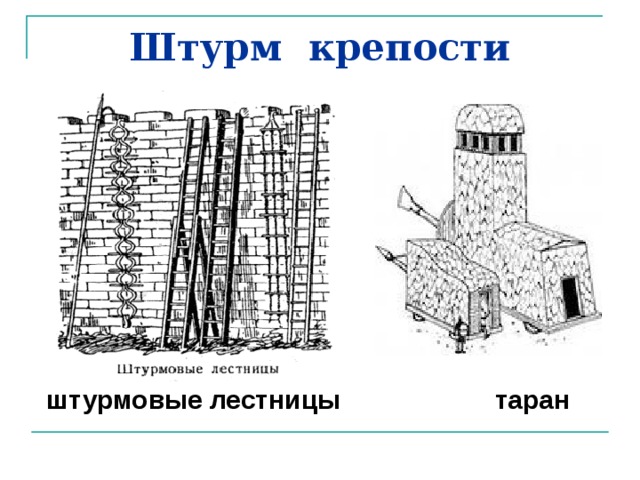 Опишите рисунки штурм крепости как выглядели метательные машины таран башня на колесах штурмовые