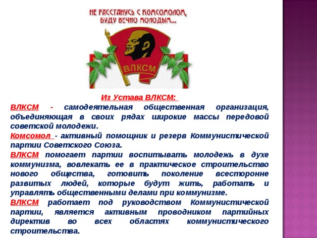 Планирования комсомола 4. Комсомола из уставава ВЛКСМ. Комсомол резерв партии. День общественных организаций. Устав ВЛКСМ презентация.