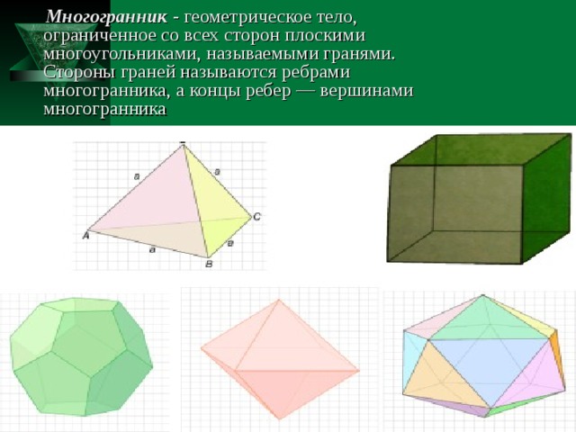 Плоские многоугольники из которых состоит поверхность многогранника. Стороны граней многогранника называются. Геометрические тела многогранники. Названия многогранников в геометрии. Тело Ограниченное многогранником.