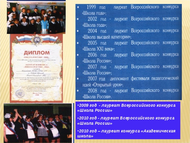 2009 год - лауреат Всероссийского конкурса «Школа России» 2010 год - лауреат Всероссийского конкурса «Школа России» 2010 год – лауреат конкурса «Академическая школа» 