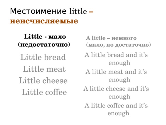 Местоимение little – неисчисляемые Little - мало (недостаточно) A little – немного (мало, но достаточно) Little bread A little bread and it’s enough Little meat A little meat and it’s enough Little cheese A little cheese and it’s enough Little coffee A little coffee and it’s enough www.justonecaress.ucoz.net