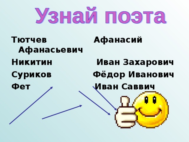 Тютчев Афанасий Афанасьевич Никитин Иван Захарович Суриков Фёдор Иванович Фет Иван Саввич 