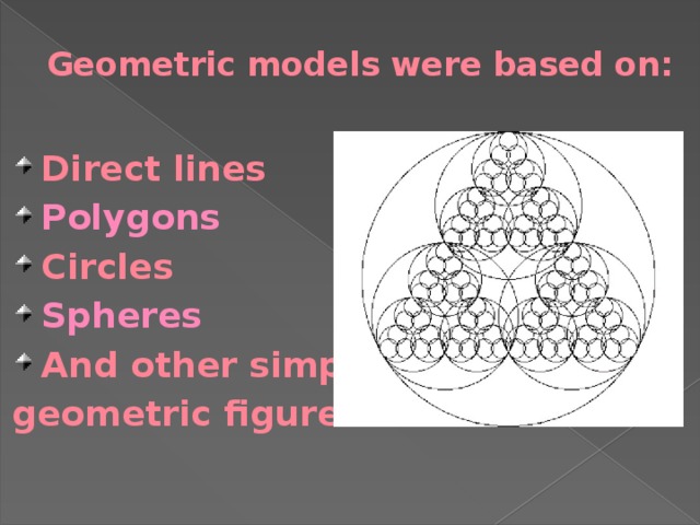 Geometric models were based on:  Direct lines Polygons Circles Spheres And other simple geometric figures 