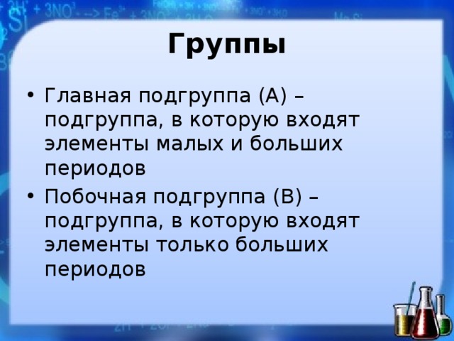 Группы Главная подгруппа (А) – подгруппа, в которую входят элементы малых и больших периодов Побочная подгруппа (В) – подгруппа, в которую входят элементы только больших периодов 