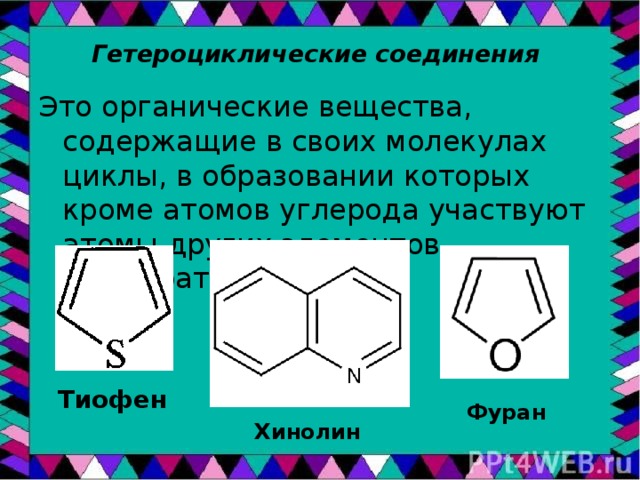Гетероциклические соединения   Это органические вещества, содержащие в своих молекулах циклы, в образовании которых кроме атомов углерода участвуют атомы других элементов (гетероатомы) Тиофен Фуран Хинолин 