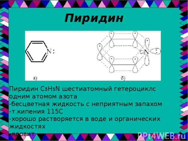 Пиридин Пиридин С 5 H 5 N шестиатомный гетероциклс одним атомом азота -бесцветная жидкость с неприятным запахом -т.кипения 115С -хорошо растворяется в воде и органических жидкостях -ядовит 