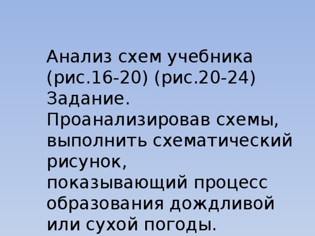 Анализ схем учебника (рис.16-20) (рис.20-24) Задание. Проанализировав схемы, выполнить схематический рисунок, показывающий процесс образования дождливой или сухой погоды. 