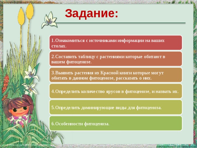 Задание: 1.Ознакомиться с источниками информации на ваших столах. 2.Составить таблицу с растениями которые обитают в вашем фитоценозе. 3.Выявить растения из Красной книги которые могут обитать в данном фитоценозе, рассказать о них. 4.Определить количество ярусов в фитоценозе, и назвать их. 5.Определить доминирующие виды для фитоценоза. 6.Особенности фитоценоза. 