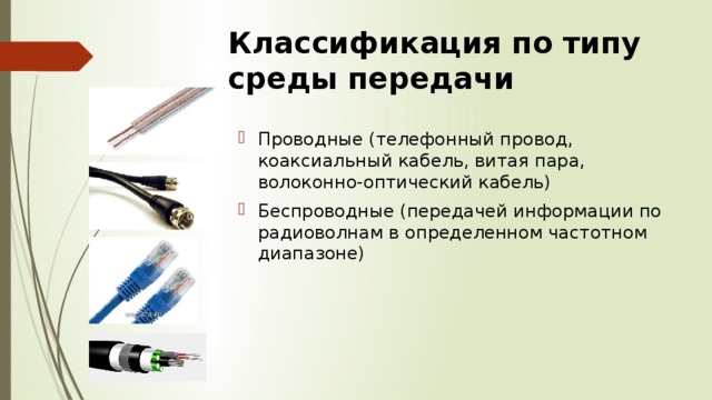 Классификация по типу среды передачи   Проводные (телефонный провод, коаксиальный кабель, витая пара, волоконно-оптический кабель) Беспроводные (передачей информации по радиоволнам в определенном частотном диапазоне) 