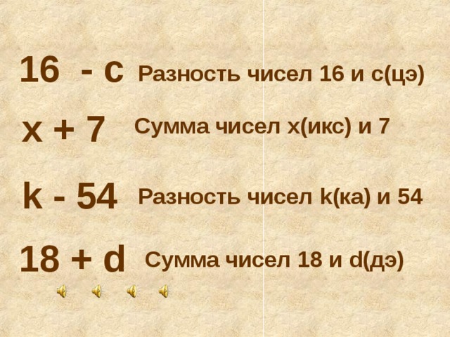 16 - c  Разность чисел 16 и c (цэ)  x + 7  Сумма чисел x (икс)  и 7 k - 54  Разность чисел k (ка) и 54 18 + d  Сумма чисел 18 и d (дэ) 