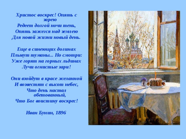 Христос воскрес! Опять с зарею Редеет долгой ночи тень, Опять зажегся над землею Для новой жизни новый день.  Еще в синеющих долинах Плывут туманы... Но смотри: Уже горят на горных льдинах Лучи огнистые зари!  Они взойдут в красе желанной И возвестят с высот небес, Что день настал обетованный, Что Бог воистину воскрес!  Иван Бунин, 1896 