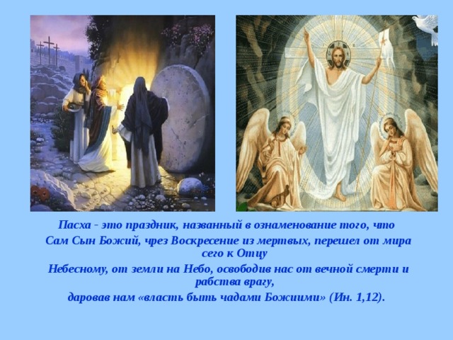 Пасха - это праздник, названный в ознаменование того, что Сам Сын Божий, чрез Воскресение из мертвых, перешел от мира сего к Отцу Небесному, от земли на Небо, освободив нас от вечной смерти и рабства врагу, даровав нам «власть быть чадами Божиими» (Ин. 1,12).  