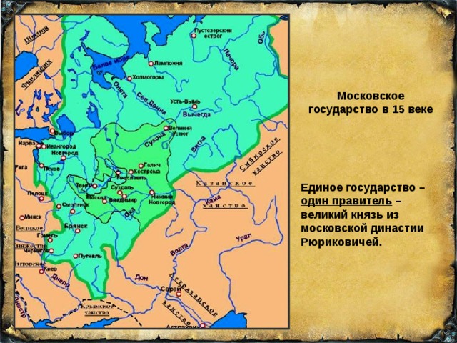 Московское государство в 15 веке Единое государство – один правитель – великий князь из московской династии Рюриковичей. 