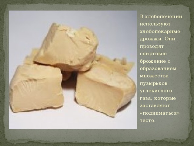 В хлебопечении используют хлебопекарные дрожжи. Они проводят спиртовое брожение с образованием множества пузырьков углекислого газа, которые заставляют «подниматься» тесто. 