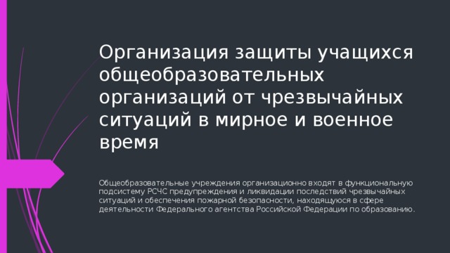 Организация защиты учащихся общеобразовательных организаций от чрезвычайных ситуаций в мирное и военное время   Общеобразовательные учреждения организационно входят в функциональную подсистему РСЧС предупреждения и ликвидации последствий чрезвычайных ситуаций и обеспечения пожарной безопасности, находящуюся в сфере деятельности Федерального агентства Российской Федерации по образованию. 