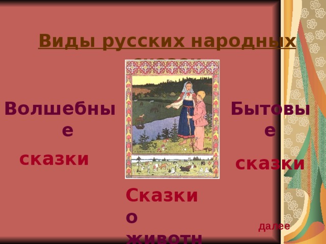Виды русских народных сказок Волшебные сказки  Бытовые сказки Сказки о животных далее 