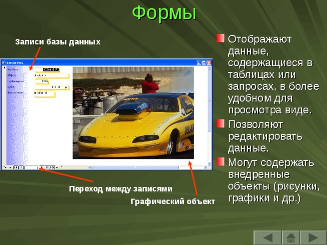 Формы Отображают данные, содержащиеся в таблицах или запросах, в более удобном для просмотра виде. Позволяют редактировать данные. Могут содержать внедренные объекты (рисунки, графики и др.) Записи базы данных Переход между записями Графический объект 