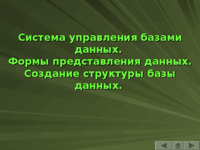 Система управления базами данных.  Формы представления данных.  Создание структуры базы данных.  