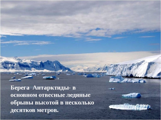 Берега Антарктиды- в основном отвесные ледяные обрывы высотой в несколько десятков метров. 