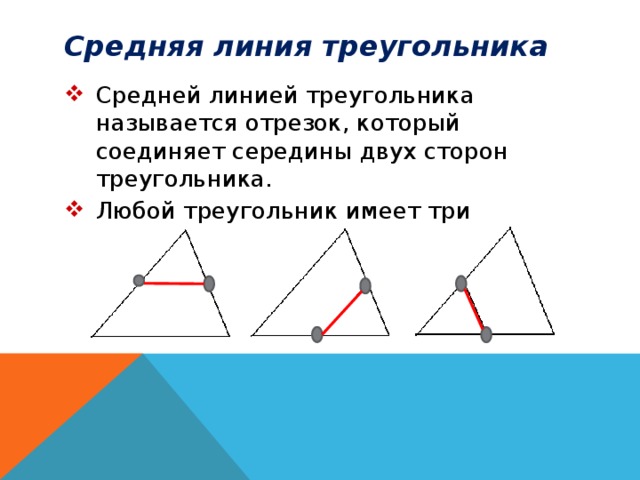 Средняя линия треугольника Средней линией треугольника называется отрезок, который соединяет середины двух сторон треугольника. Любой треугольник имеет три средних линии 