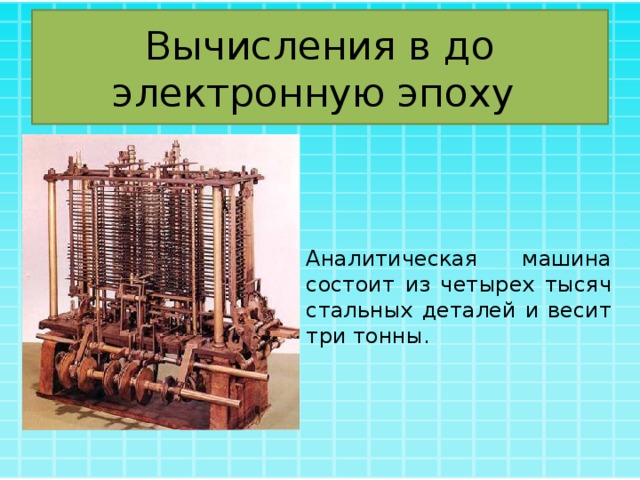 Вычисления в до электронную эпоху Аналитическая машина состоит из четырех тысяч стальных деталей и весит три тонны. 