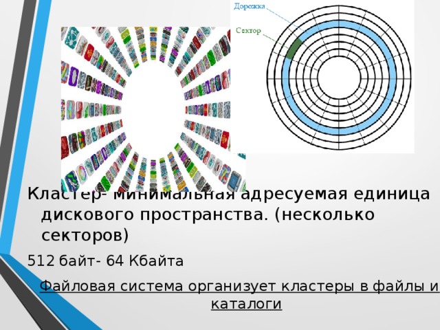 Кластер- минимальная адресуемая единица дискового пространства. (несколько секторов) 512 байт- 64 Кбайта Файловая система организует кластеры в файлы и каталоги