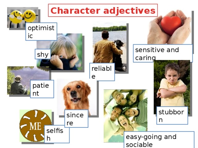 Character adjectives optimistic sensitive and caring shy reliable patient stubborn sincere selfish easy-going and sociable 