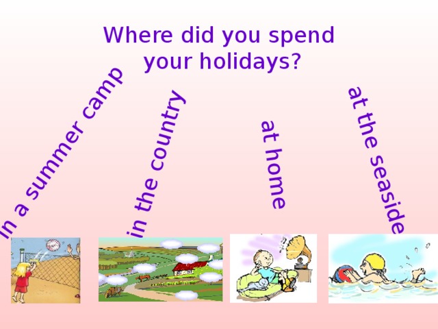 in a summer camp in the country at the seaside at home Where did you spend  your holidays? 