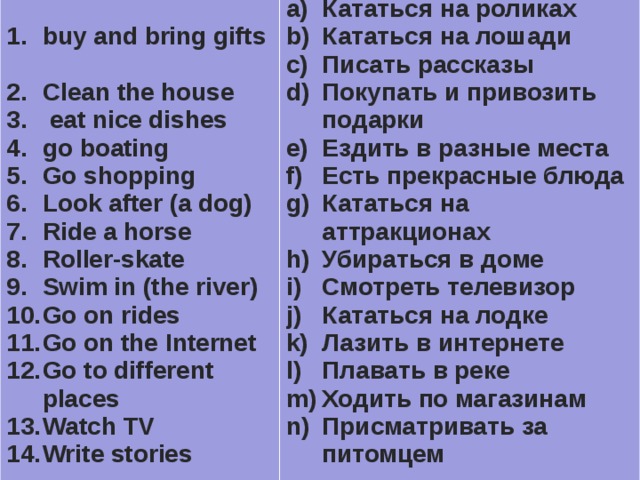  buy and bring gifts Clean the house  eat nice dishes  go boating  Go shopping Look after (a dog) Ride a horse Roller-skate  Swim in (the river)  Go on rides Go on the Internet Go to different places Watch TV Write stories Кататься на роликах Кататься на лошади Писать рассказы Покупать и привозить подарки Ездить в разные места Есть прекрасные блюда Кататься на аттракционах Убираться в доме Смотреть телевизор Кататься на лодке Лазить в интернете Плавать в реке Ходить по магазинам Присматривать за питомцем 