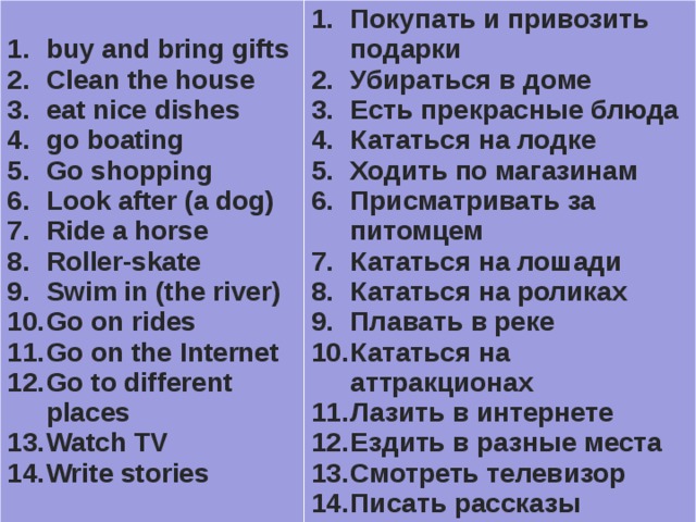  buy and bring gifts Clean the house eat nice dishes go boating Go shopping Look after (a dog) Ride a horse Roller-skate Swim in (the river) Go on rides Go on the Internet Go to different places Watch TV Write stories Покупать и привозить подарки Убираться в доме Есть прекрасные блюда Кататься на лодке Ходить по магазинам Присматривать за питомцем Кататься на лошади Кататься на роликах Плавать в реке Кататься на аттракционах Лазить в интернете Ездить в разные места Смотреть телевизор Писать рассказы 