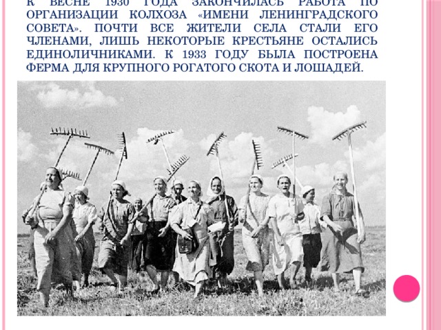 К весне 1930 года закончилась работа по организации колхоза «Имени Ленинградского Совета». Почти все жители села стали его членами, лишь некоторые крестьяне остались единоличниками. К 1933 году была построена ферма для крупного рогатого скота и лошадей. 