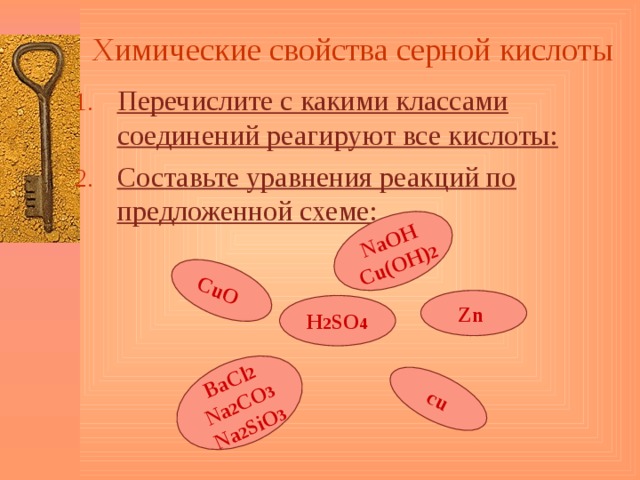 NaOH Cu(OH) 2 CuO BaCl 2 Na 2 CO 3 Na 2 SiO 3 cu Химические свойства серной кислоты Перечислите с какими классами соединений реагируют все кислоты: Составьте уравнения реакций по предложенной схеме: Zn H 2 SO 4