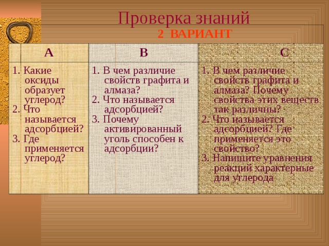 Проверка  знаний  2 ВАРИАНТ А В 1. Какие оксиды образует углерод? 2. Что называется адсорбцией? 3. Где применяется углерод?  С 1. В чем различие свойств графита и алмаза? 2. Что называется адсорбцией? 3. Почему активированный уголь способен к адсорбции? 1. В чем различие свойств графита и алмаза? Почему свойства этих веществ так различны? 2. Что называется адсорбцией? Где применяется это свойство? 3. Напишите уравнения реакций характерные для углерода