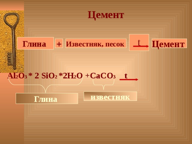 Цемент  t Глина + Известняк, песок Цемент Al 2 O 3 * 2 SiO 2 *2H 2 O +CaCO 3  t известняк Глина