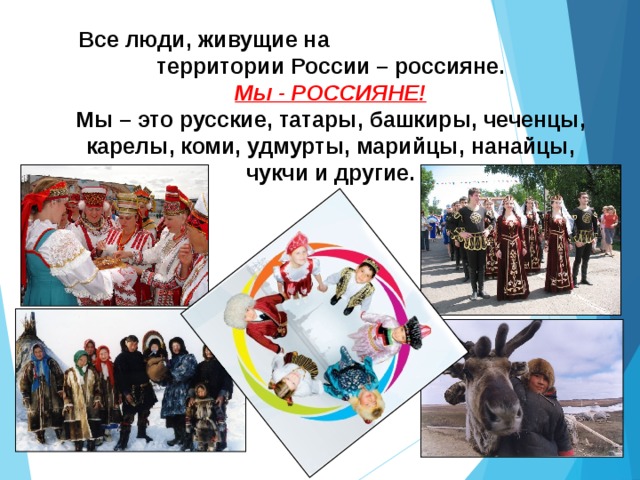 Все люди, живущие на территории России – россияне.  Мы - РОССИЯНЕ!  Мы – это русские, татары, башкиры, чеченцы, карелы, коми, удмурты, марийцы, нанайцы, чукчи и другие. 