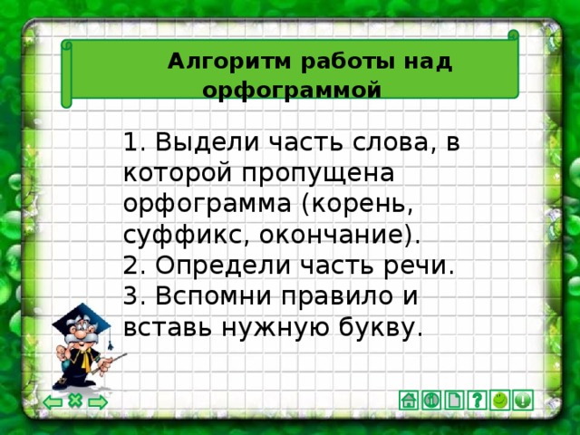 Алгоритм работы над орфограммой 1. Выдели часть слова, в которой пропущена орфограмма (корень, суффикс, окончание). 2. Определи часть речи. 3. Вспомни правило и вставь нужную букву.
