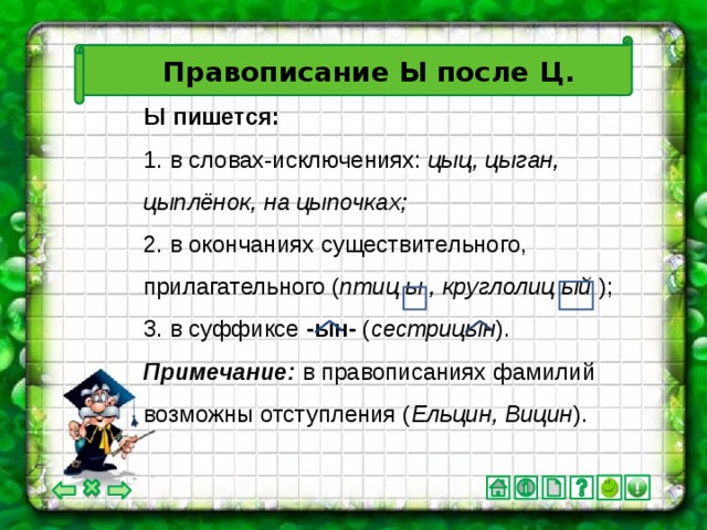 Правописание Ы после Ц. Ы пишется: 1. в словах-исключениях: цыц, цыган, цыплёнок, на цыпочках; 2. в окончаниях существительного, прилагательного ( птиц ы , круглолиц ый ); 3. в суффиксе -ын- ( сестрицын ). Примечание: в правописаниях фамилий возможны отступления ( Ельцин, Вицин ).