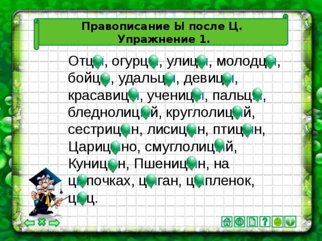 Правописание Ы после Ц.  Упражнение 1. Отц ы , огурц ы , улиц ы , молодц ы , бойц ы , удальц ы , девиц ы , красавиц ы , учениц ы , пальц ы , бледнолиц ы й, круглолиц ы й, сестриц ы н, лисиц ы н, птиц ы н, Цариц ы но, смуглолиц ы й, Куниц ы н, Пшениц ы н, на ц ы почках, ц ы ган, ц ы пленок, ц ы ц.
