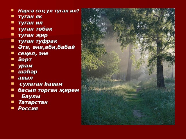 Нәрсә соң ул туган ил? туган як туган ил туган төбәк туган җир туган туфрак Әти, әни,әби,бабай сеңел, эне йорт урам шәһәр авыл  сулаган һавам басып торган җирем  Баулы Татарстан Россия   
