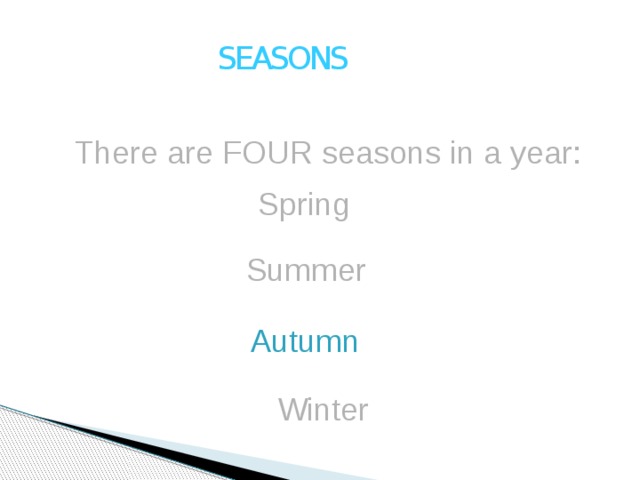 SEASONS There are FOUR seasons in a year:  Spring Summer Autumn Winter 
