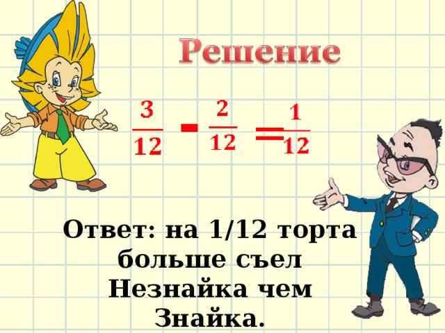 - = Ответ: на 1/12 торта больше съел Незнайка чем Знайка. 