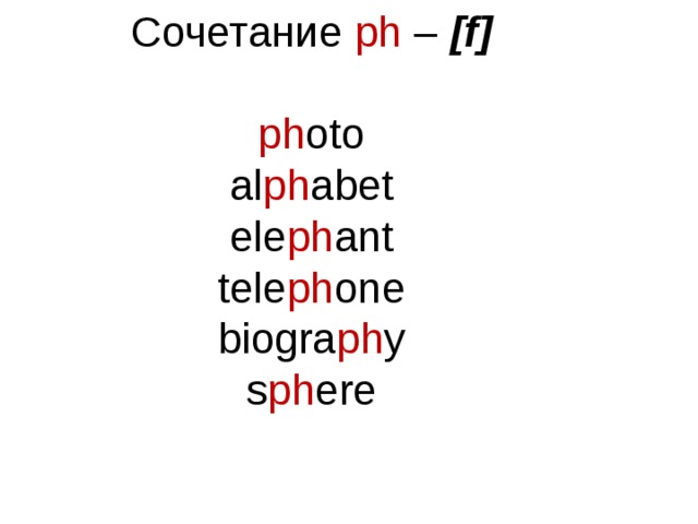 Сочетание  ph  – [f] ph oto al ph abet ele ph ant tele ph one biogra ph y s ph ere 
