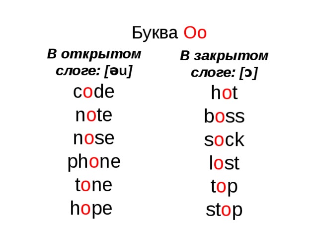 Буква Oo В открытом слоге: [ əu ] c o de n o te n o se ph o ne t o ne h o pe    В закрытом слоге: [ ɔ ] h o t b o ss s o ck  l o st t o p st o p       