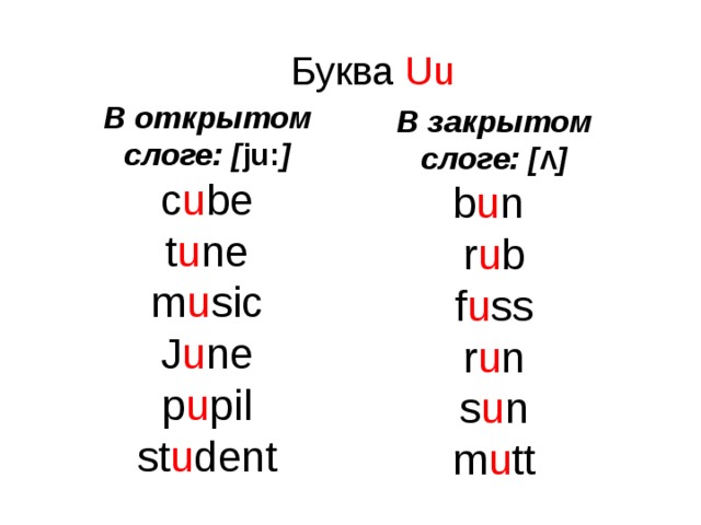 Буква Uu В открытом слоге: [ ju: ] c u be t u ne m u sic J u ne p u pil st u dent     В закрытом слоге: [ Λ ] b u n r u b f u ss r u n s u n m u tt        