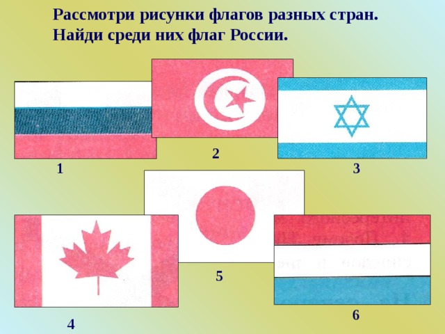 Рассмотри рисунки флагов разных стран. Найди среди них флаг России. 2 1 3 5 6 4 