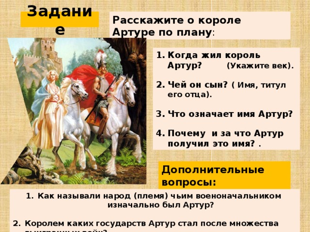 Расскажите о короле Артуре по плану : Задание Когда жил король Артур? (Укажите век).  Чей он сын? ( Имя, титул его отца).  Что означает имя Артур?  Почему и за что Артур получил это имя? . Дополнительные вопросы: Как называли народ (племя) чьим военоначальником изначально был Артур?  Королем каких государств Артур стал после множества выигранных войн? 